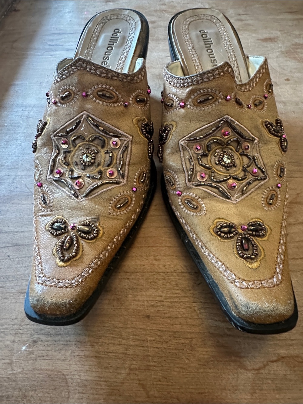 Dollhouse Gold Embellished Slip-On Mules with Pink Accents